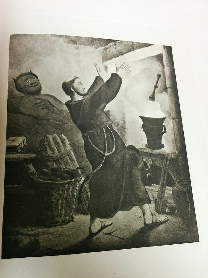 A print of an early depiction of a gunpowder maker. Note the horned devil figure.