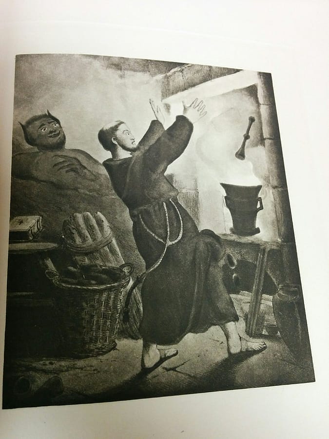 A print of an early depiction of a gunpowder maker. Note the horned devil figure.