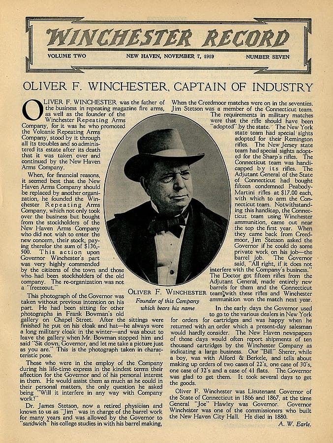Winchester establishes his company in 1866. Winchester Record, November 7, 1919. Gift of the Winchester Corporation. WR1919.V2.07.001
