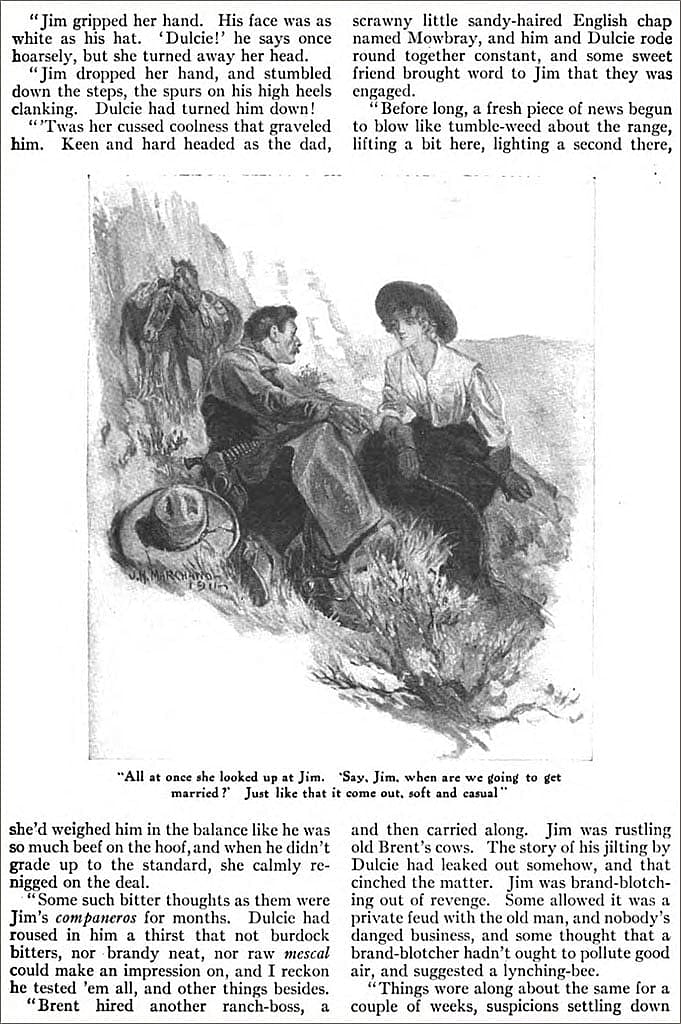 John Marchand, "All at Once She Looked Up at Him," an illustration from "Cosmopolitan Magazine," August 1911. Both images provided by the Remington catalogue raisonné. From https://babel.hathitrust.org/, courtesy of HathiTrust.