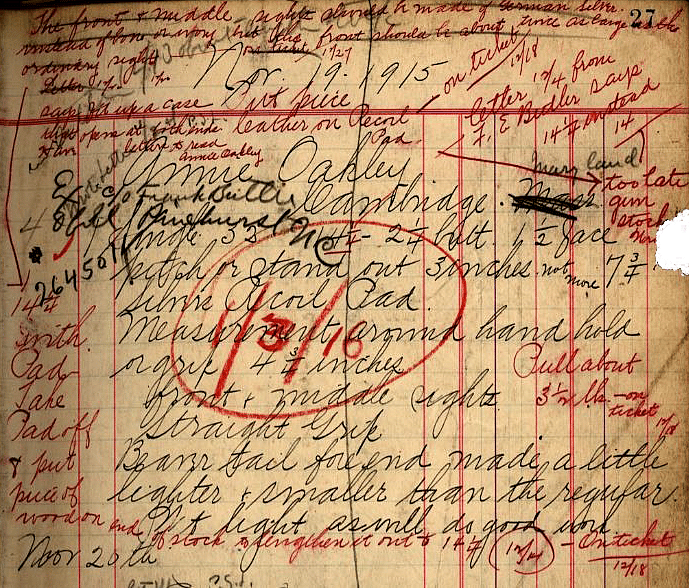 Ithaca's record for Annie Oakley's single-barrel trap gun, serial number 264501, shows communication with F. E. Butler regarding specific measurements for the gun.