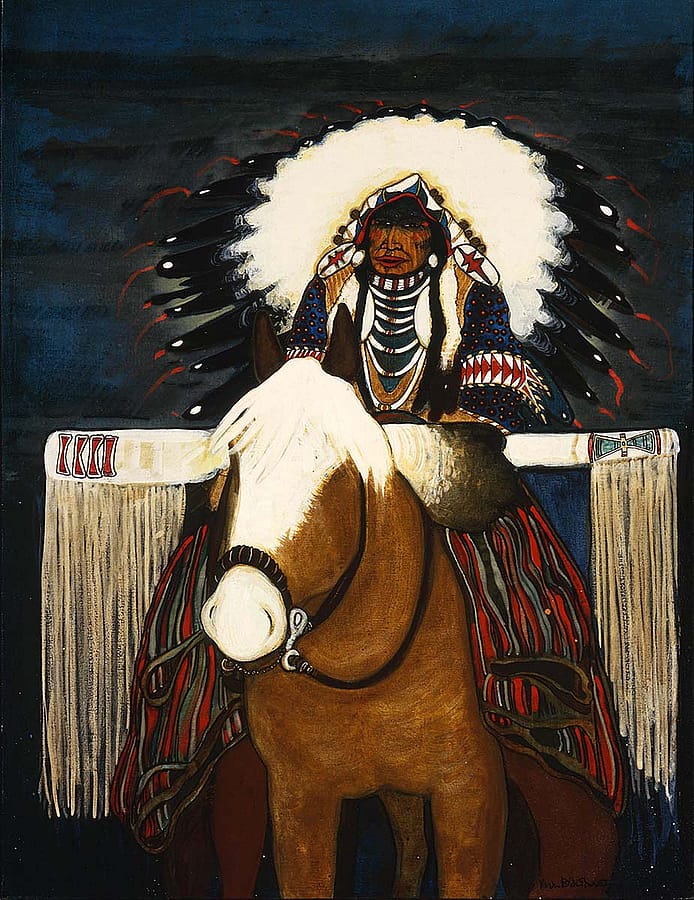 Kevin Red Star (b. 1943). "Crow Indian Parade Rider," 1982. Oil on canvas, 42 x 31.875 inches. Gift of Mr. and Mrs. W.D. Weiss. 7.94