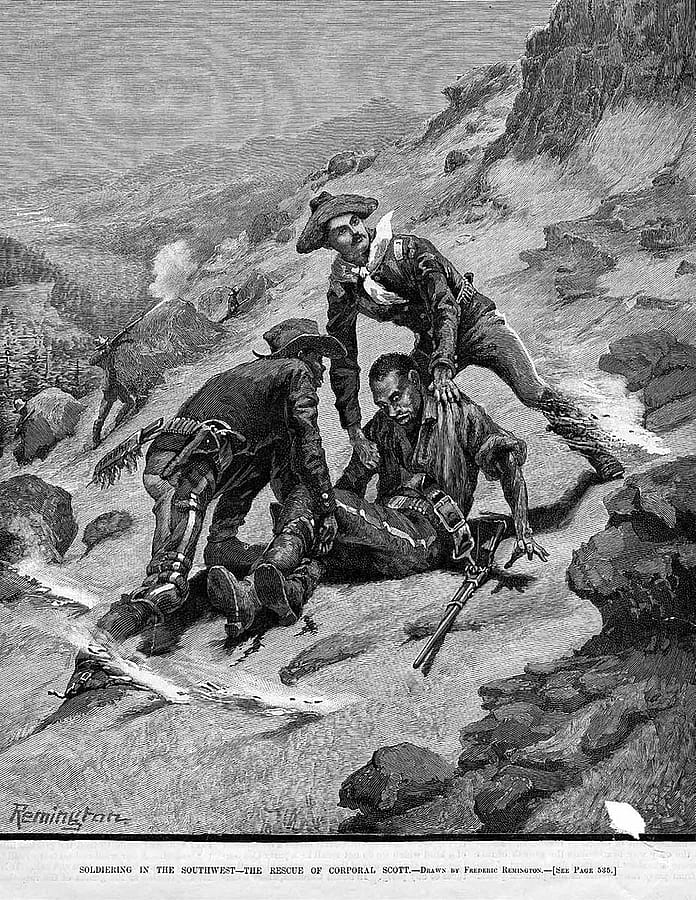 Even as a cadet in a military prep school, young Frederic Remington gloried in the exploits of military heroes. "The Rescue of Corporal Scott," which appeared on the cover of "Harper's Weekly," August 21, 1886, helped launch Remington's career. The budding artist's rendering of this heroic deed by an untried-in-combat Second Lieutenant Powhatan Clarke also led to a friendship between the two men as they set out to make their marks in two different but sometimes converging worlds. Collection of Dr. John Langellier, used by permission.