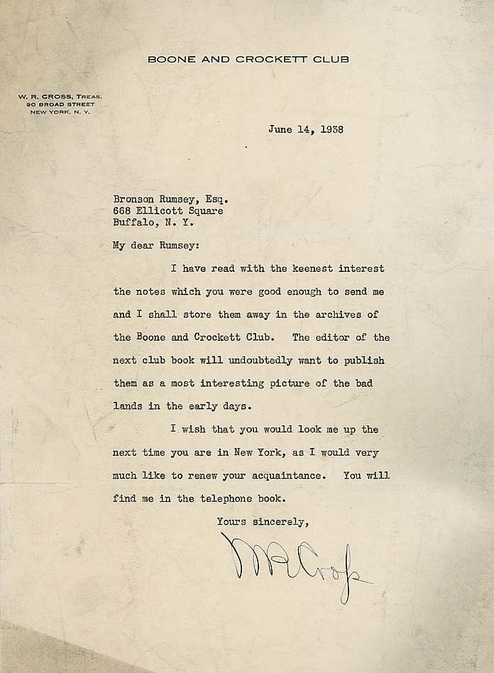 The Boone and Crockett Club was interested in Rumsey's story about badlands. MS 407 Bronson Rumsey Collection, McCracken Research Library. MS407.1.15.03