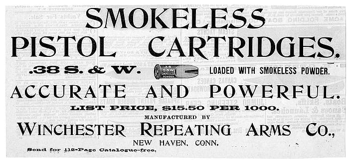 Winchester ad for smokeless cartridges, "Forest and Stream" magazine, June 1, 1895. MS 111 Roy Marcot Firearms Advertisement Collection. WIN.FORS.1895.6.1