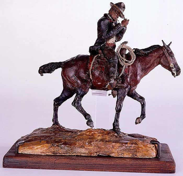 Charles M. Russell (1864-1926). "On Neenah" (self-portrait). Wax sculpture, 7 3/4 x 7 3/4 in. Gift of Dr. Armand Hammer and Charles Stone Jones. 15.59