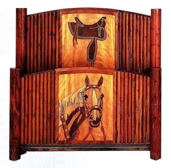 One of a set of twin beds, this hardwood-panel and pole-trim bedstead features a routed saddle design on the headboard and an intricately routed and stained horse's head on the footboard. Courtesy James E. Nielson