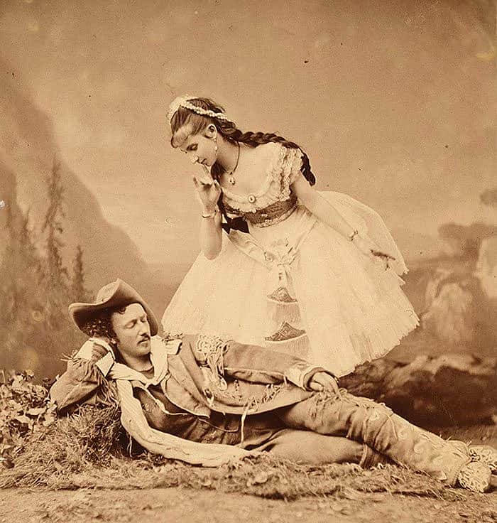 Texas Jack Omohundro - pictured here with French Dancer Mlle. Morlacchi in "Scouts of the Prairie" stage play, ca. 1875 - and Buffalo Bill thrilled audiences with their wild shooting and simulated knife-fighting. Original Buffalo Bill Museum Collection. Purchased from Fred H. Garlow, Jr., William Joseph Garlow, and Mrs. Jane Cody Garlow Mallehan, grandchildren of Buffalo Bill. P.69.24