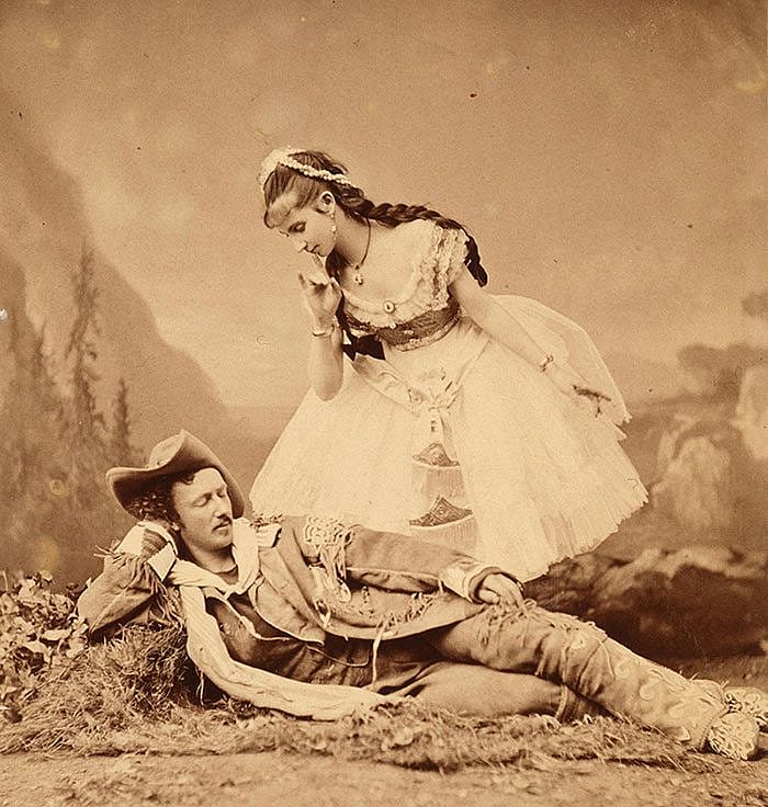 Texas Jack Omohundro - pictured here with French Dancer Mlle. Morlacchi in "Scouts of the Prairie" stage play, ca. 1875 - and Buffalo Bill thrilled audiences with their wild shooting and simulated knife-fighting. Original Buffalo Bill Museum Collection. Purchased from Fred H. Garlow, Jr., William Joseph Garlow, and Mrs. Jane Cody Garlow Mallehan, grandchildren of Buffalo Bill. P.69.24