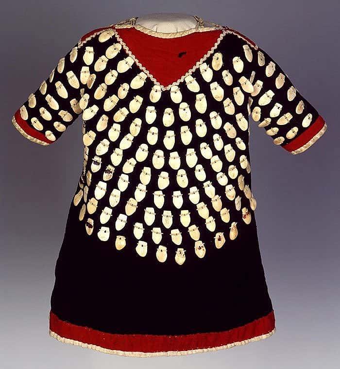 Crow dress with adornment of bone carved to look like elk teeth. Irving H. "Larry" Larom Collection. NA.202.881