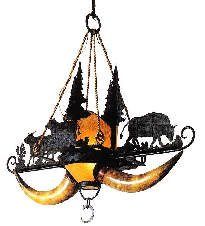 Chandelier, steer horns. Wrought iron, horn, and rawhide, this lamp incorporates silhouettes of grazing cattle and pine trees. Courtesy Robert D. Coe II