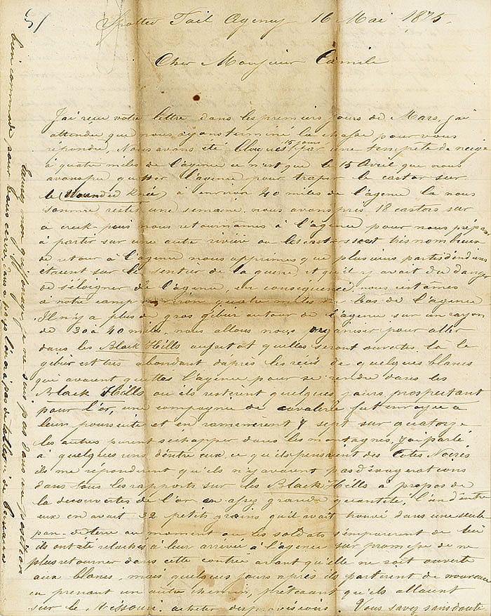 Letter from Frenchman Victor Arland to Camille Dadant, May 16, 1875, Spotted Tail Agency, Dakota Territory. Arland describes his beaver trapping and political arguments among the Sioux Indians regarding the proposed sale of the Black Hills. He eventually moved to Wyoming Territory and founded the small town of Arland. MS 2 Victor Arland Collection. MS.2.1.5.1