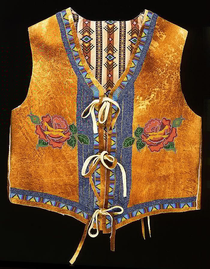 Vest (front), Debra Lee Stone Jay, Shoshone Bannock, Fort Hall, ldaho, 2002. Tanned and smoked hide, glass beads. Plains Indian Museum Acquisitions Fund Purchase. NA.202.1008