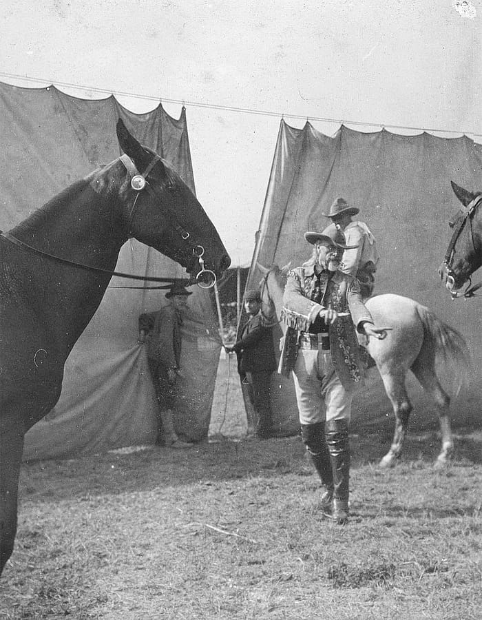 William F. "Buffalo Bill" Cody backstage at Buffalo Bill's Wild West. MS 6 William F. Cody Collection, McCracken Research Library. P.6.347a