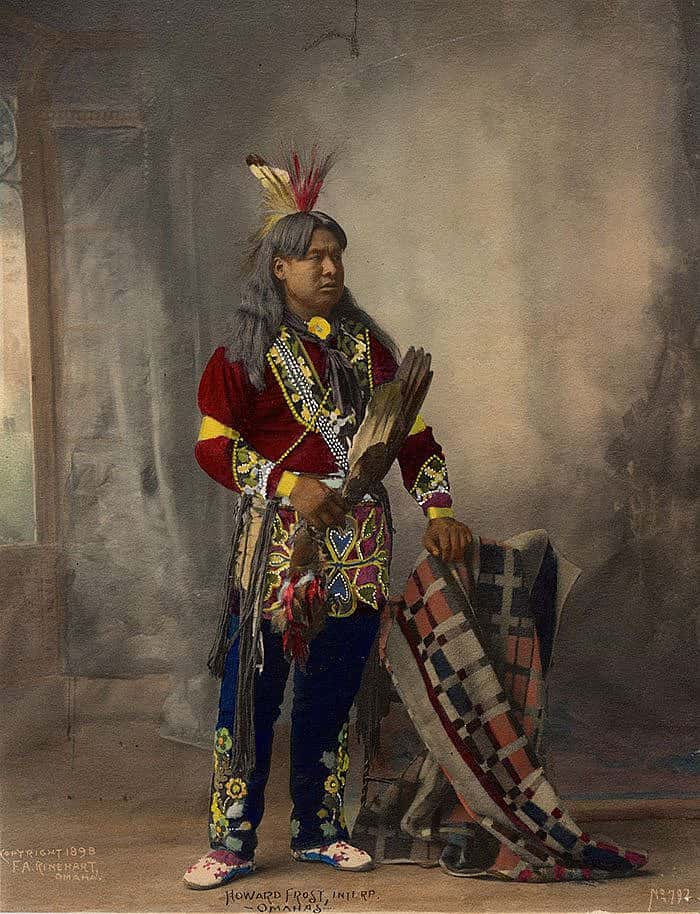 "Howard Frost, Omaha's interpreter." Frank Rinehart copyrighted this colorized print in 1898 as part of his series of portraits of the Indian Congress of the Trans-Mississippi and International Exposition in Omaha, Nebraska. Adolph F. Muhr took many of the photographs for Rinehart at this exposition. MS 71 Vincent Mercaldo Collection. P.71.633