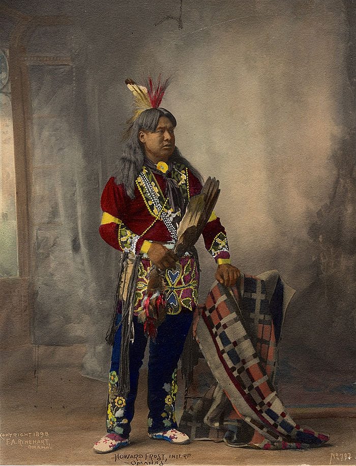 "Howard Frost, Omaha's interpreter." Frank Rinehart copyrighted this colorized print in 1898 as part of his series of portraits of the Indian Congress of the Trans-Mississippi and International Exposition in Omaha, Nebraska. Adolph F. Muhr took many of the photographs for Rinehart at this exposition. MS 71 Vincent Mercaldo Collection. P.71.633