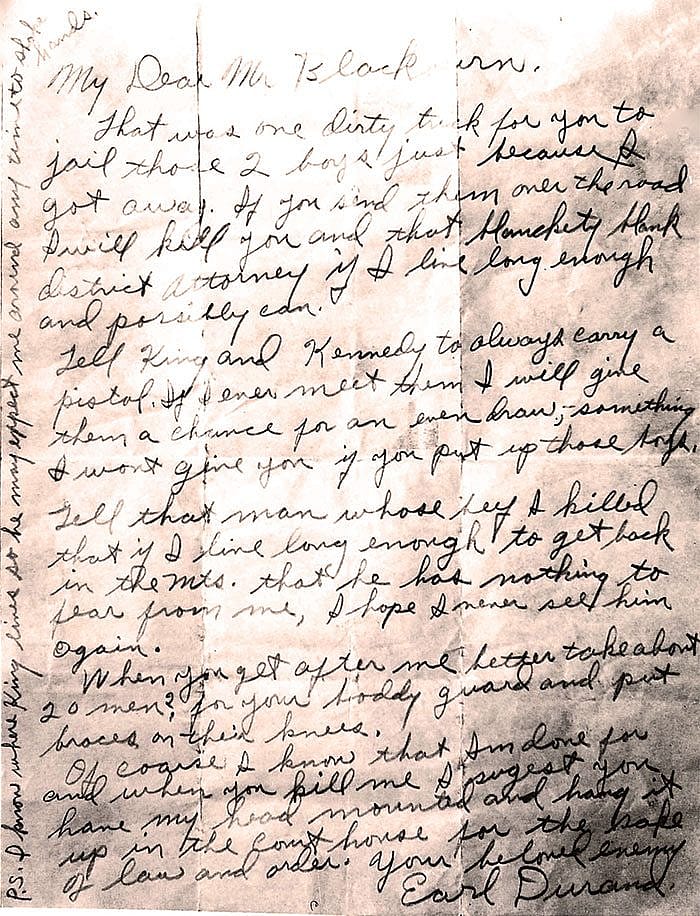 Durand's letter to Sheriff Frank Blackburn protesting the second arrest of the two teenage boys. Kershaw photo.