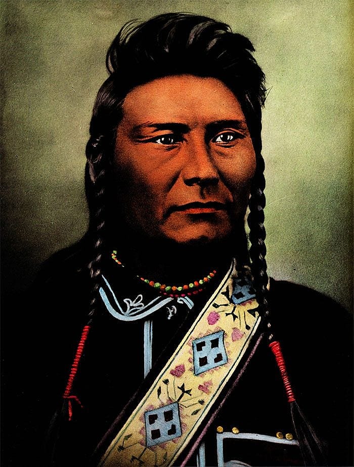 Chief Joseph, famous leader of the Nimiipu (Nez Perce) who fought off the pursuing U.S. Army for months thorough the Rocky Mountains and Yellowstone National Park in 1877. D. F. Barry photograph. P.69.370