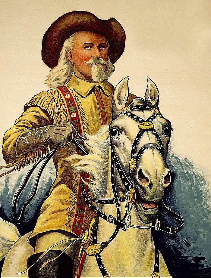Buffalo Bill looking dapper on a white horse was exactly the kind of influence Bill Nye rebuked in 1887. Sells Foto Circus, ca. 1914. Erie Litho and Painting Co., Erie, PA. Lithograph, poster (detail), 36.625 x 26.875 inches. Original Buffalo Bill Collection. 1.69.449