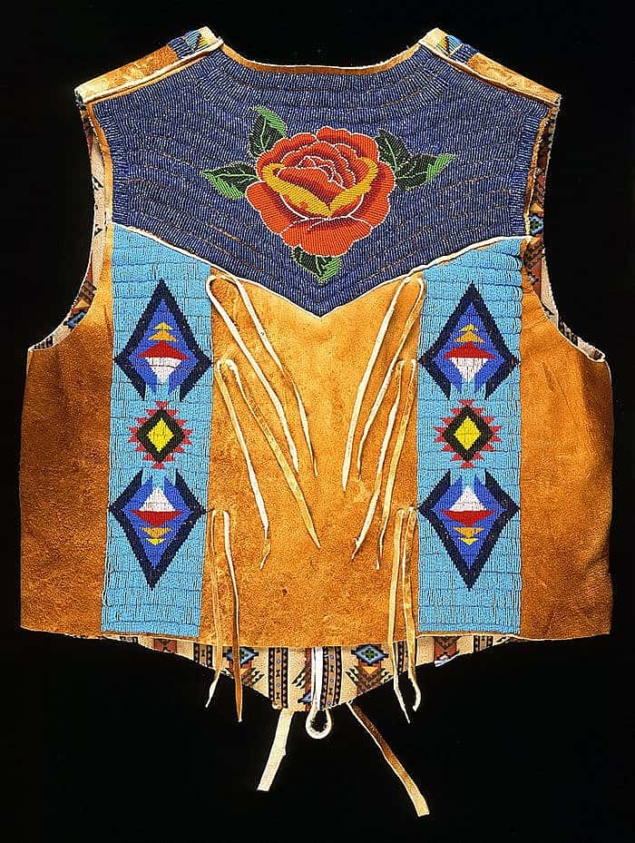 Vest (back), Debra Lee Stone Jay, Shoshone Bannock, Fort Hall, Idaho, 2002. Tanned and smoked hide, glass beads. Plains Indian Museum Acquisition Fund Purchase. NA.202.1008