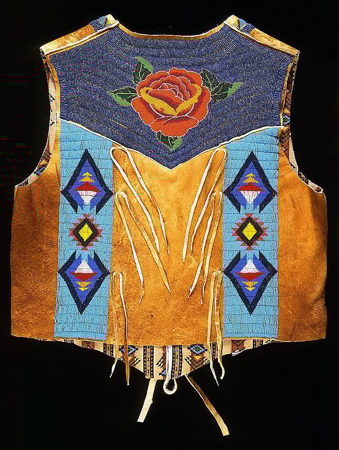 Vest (back), Debra Lee Stone Jay, Shoshone Bannock, Fort Hall, Idaho, 2002. Tanned and smoked hide, glass beads. Plains Indian Museum Acquisition Fund Purchase. NA.202.1008