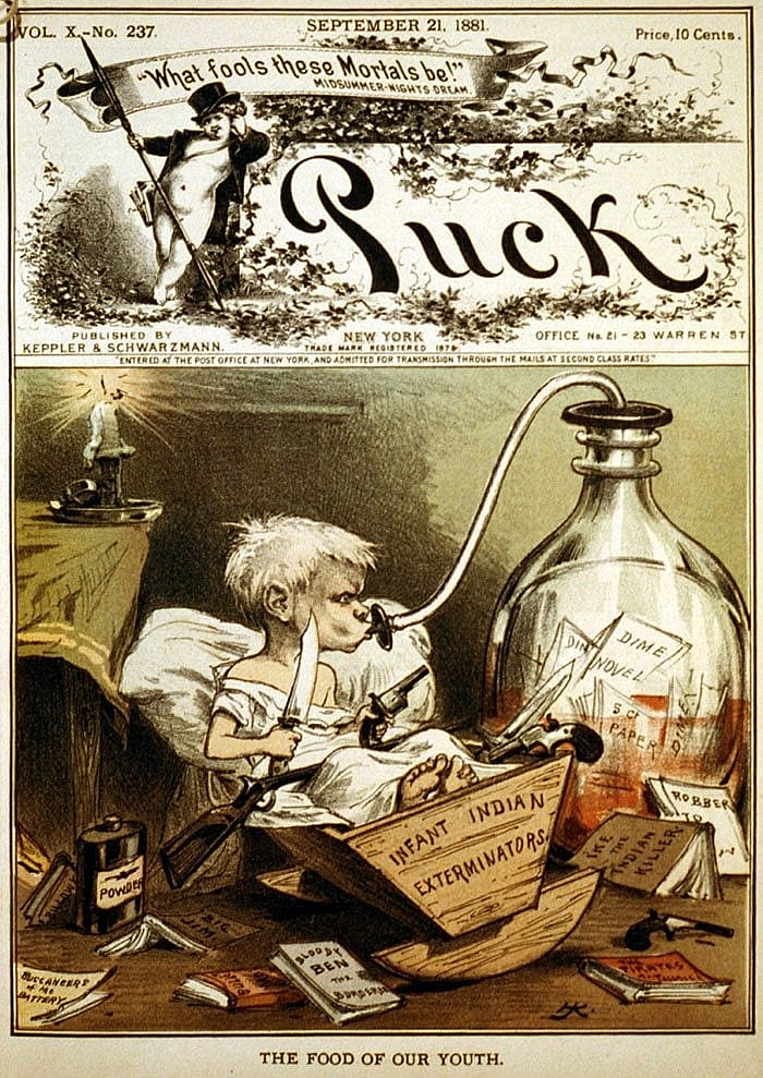 "Puck," the first successful humor magazine, tackles the subject of dime novels and the effect on the youth of the day, September 21, 1881. Library of Congress Prints and Photographs Division Washington, D.C. 20540, USA. LC-USZC2-1245