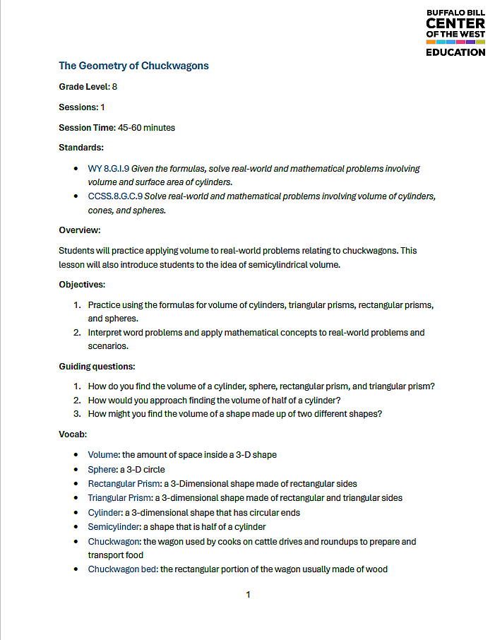 The Geometry of Chuckwagons Lesson Plan, created by Education Programs intern Ella Stratman