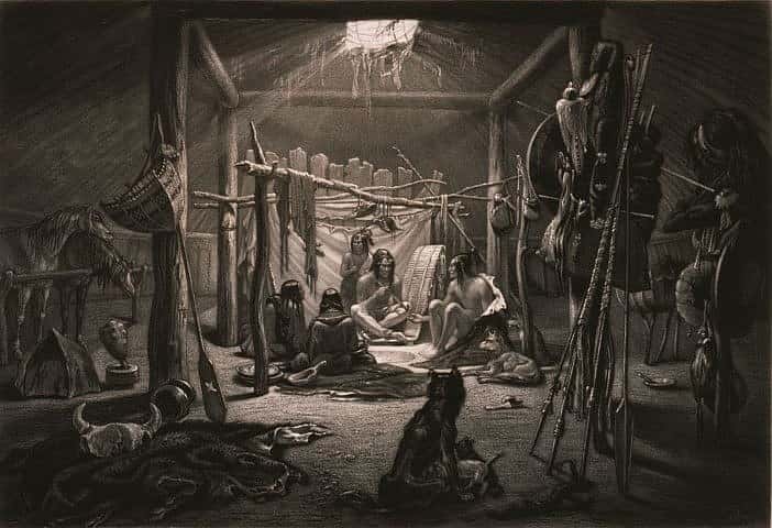 Karl Bodmer (1809-1893). The interior of the Hut of a Mandan Chief, ca. 1840-1843. Aquatint. Gift of Clara S. Peck. 21.69.19.