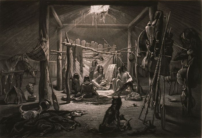 Karl Bodmer (1809-1893). The interior of the Hut of a Mandan Chief, ca. 1840-1843. Aquatint. Gift of Clara S. Peck. 21.69.19.