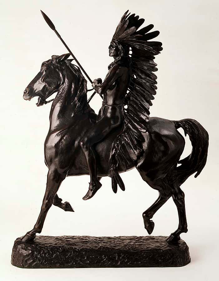Alexander Phimister Proctor (1860-1950). Indian Warrior,modeled 1898, cast 1900-1902. Bronze, 38.625 x 30.5 x 10.5 inches. Gift of A. Phimister Proctor Museum with special thanks to Sandy and Sally Church. 4.08.2