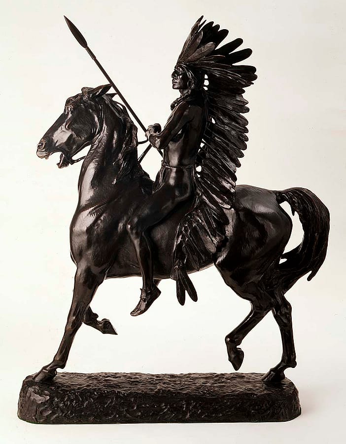 Alexander Phimister Proctor (1860-1950). Indian Warrior,modeled 1898, cast 1900-1902. Bronze, 38.625 x 30.5 x 10.5 inches. Gift of A. Phimister Proctor Museum with special thanks to Sandy and Sally Church. 4.08.2