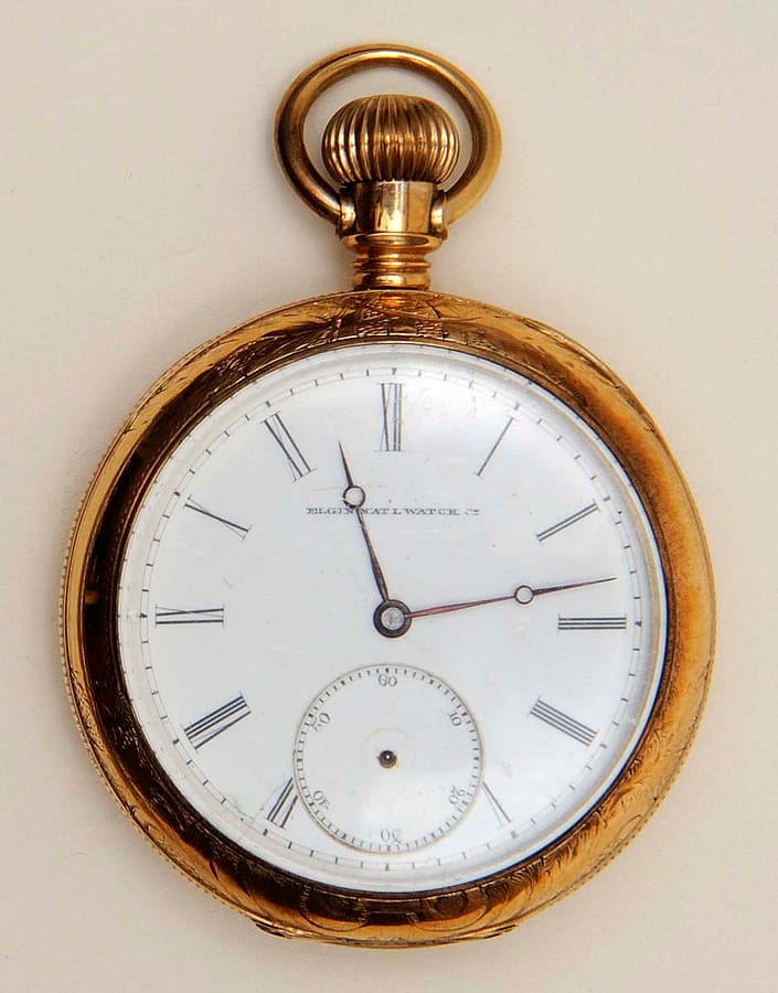Gold pocket watch, 1885. Elgin National Watch Company, Elgin, Illinois. Gift from the Howard family, in memory of Howell H. Howard. 1.69.6376