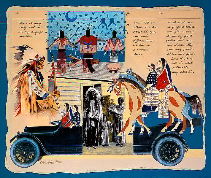 Arthur Amiotte (b. 1942). "The Visit," 1995. Acrylic and collage, 19 3/8 x 23 3/8 in. Gift of Mrs. Cornelius Vanderbilt Whitney. 17.95