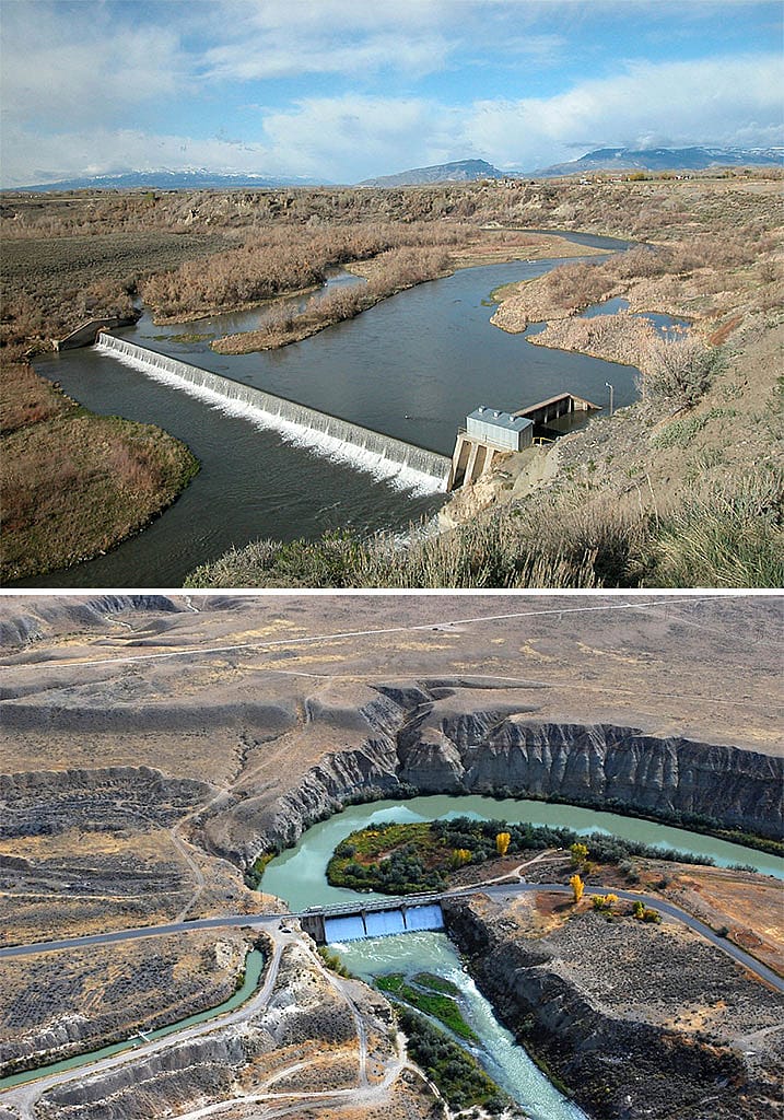 Shoshone River dams Corbett, east of Cody (top), and Willwood, at Ralston, provide irrigation water for the Bighorn Basin. U.S. Department of Interior Bureau of Reclamation.