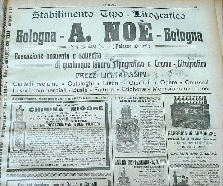 Historical advertisement page from "La Rana" featuring various ads, including typographic services by A. Noè in Bologna and assorted commercial products.