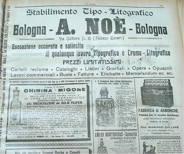 Historical advertisement page from "La Rana" featuring various ads, including typographic services by A. Noè in Bologna and assorted commercial products.
