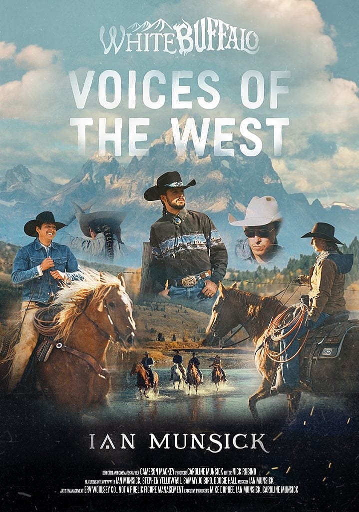 Poster for documentary "Voices of the West" featuring mountain scenery and riders on horseback.
