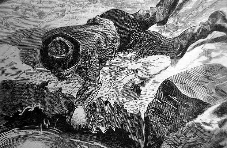 "Getting a Specimen," a woodcut by Thomas Moran, in the "Wonders of Yellowstone," "Scribner's Monthly," magazine, May - June 1871. SM.V2.1.5.1871