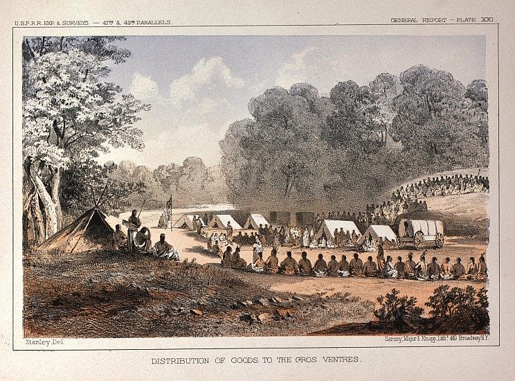 Distribution of Goods to the Gros Ventres, ca. 1857-1860. Tinted lithograph on paper. 12.87.4