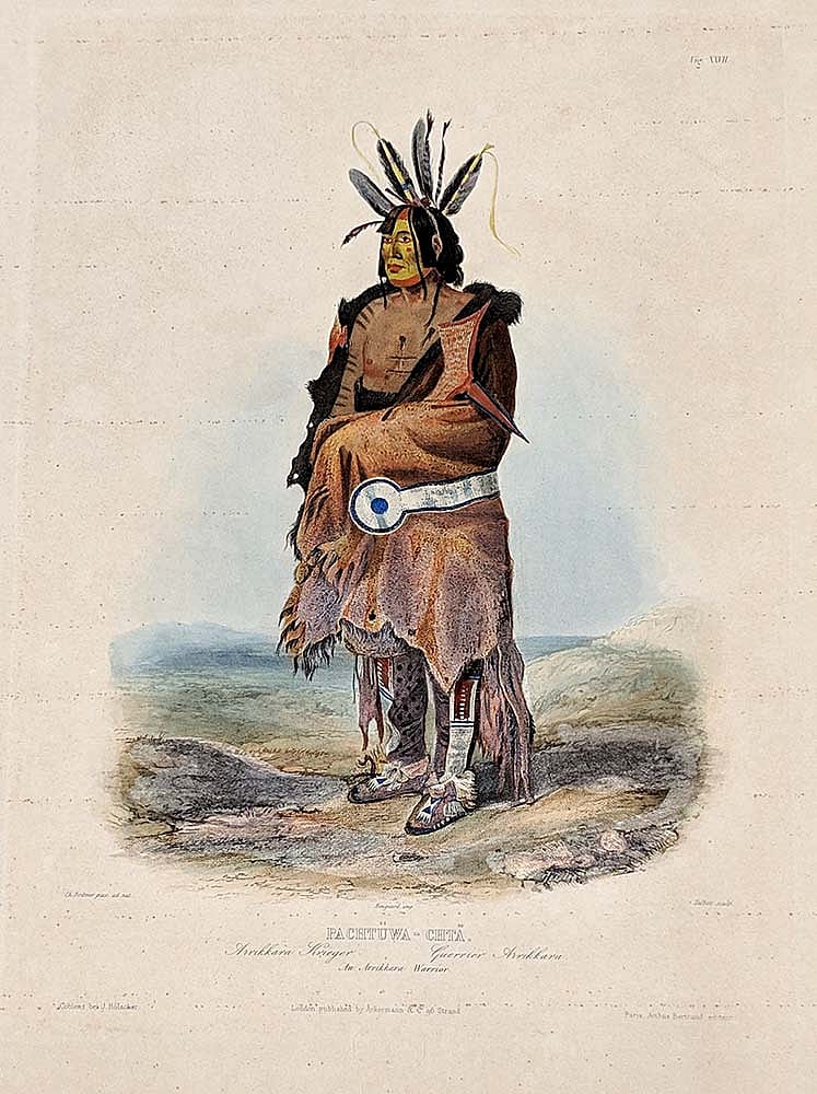 Karl Bodmer (1809-1893). "Pachtuwa-Chta./An Arrikkara Warrior," ca. 1840-1843. Aquatint print on paper. Gift of Clara S. Peck. 21.69.63