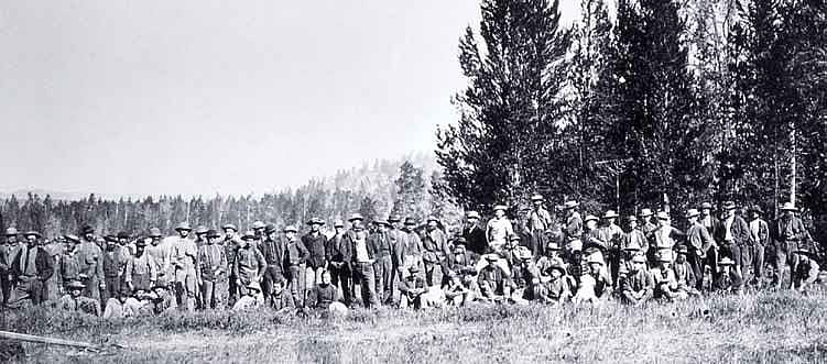 The exploration party of Hayden's Geological Survey of the Territories, Firehole Basin, Yellowstone, 1872. NPS.14829