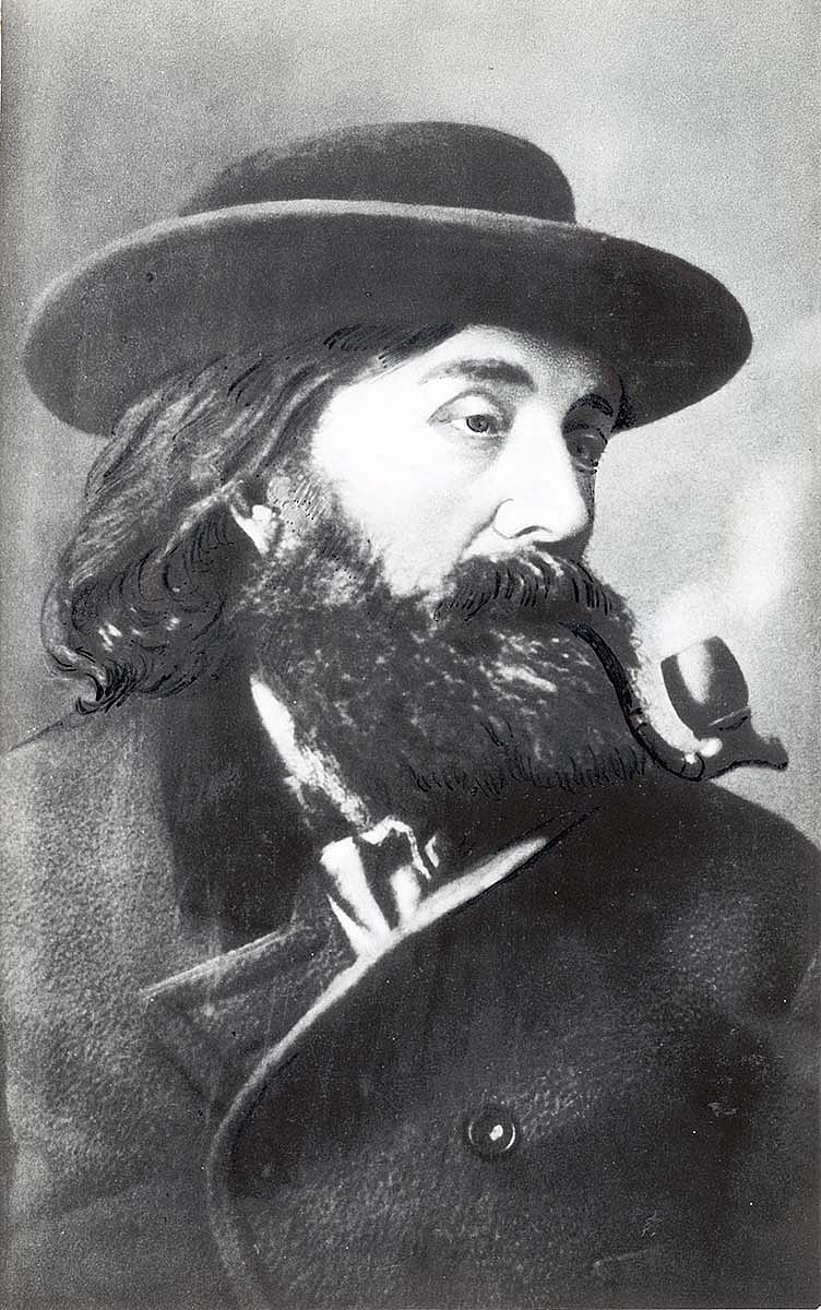 Portrait of Moses Embree Milner "California Joe" wearing hat and jacket. Image altered by Mercaldo with pen lines on hair and pipe. MS 71 Vincent Mercaldo Collection. P.71.0762