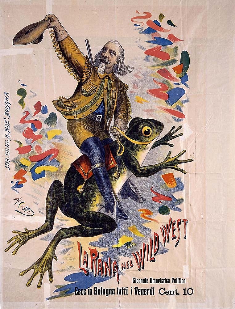 Eccentric vintage poster titled "La Rana nel Wild West," featuring a man in a cowboy outfit riding a giant frog amidst colorful confetti.