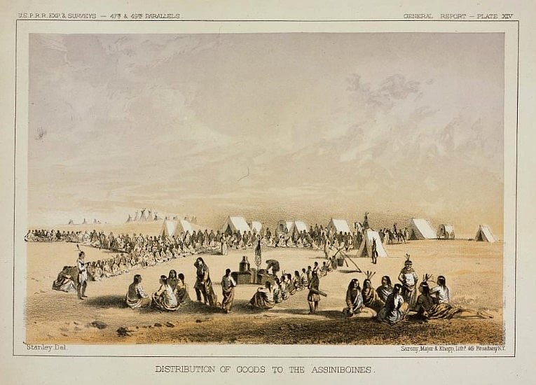 John Mix Stanley. Distribution of Goods to the Assiniboines, ca. 1860. Tinted lithograph on paper. 12.87.5