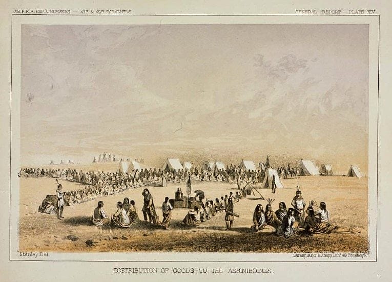 John Mix Stanley. Distribution of Goods to the Assiniboines, ca. 1860. Tinted lithograph on paper. 12.87.5