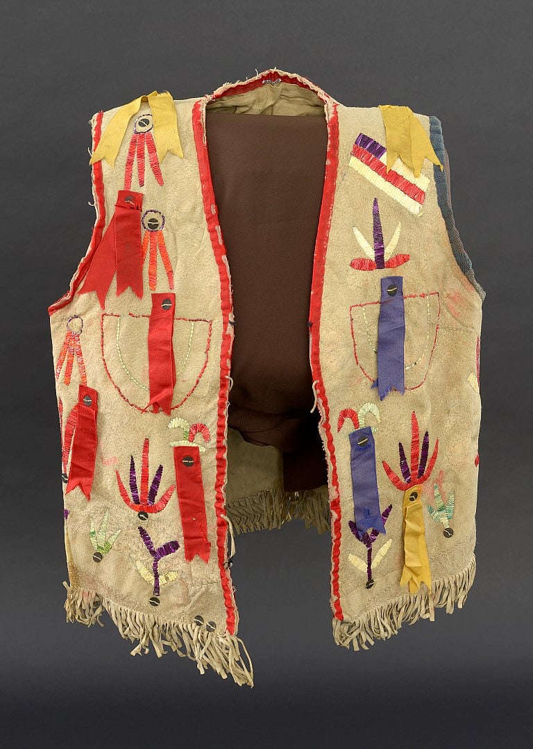 Vest, Santee Sioux, Center Plains, ca. 1880. Tanned Hide, dyed porcupine quills, silk ribbon, cotton cloth, silk cloth, wool cloth, metal sequins. Paul Dyck Plains Indian Buffalo Culture Collection. NA.202.1445