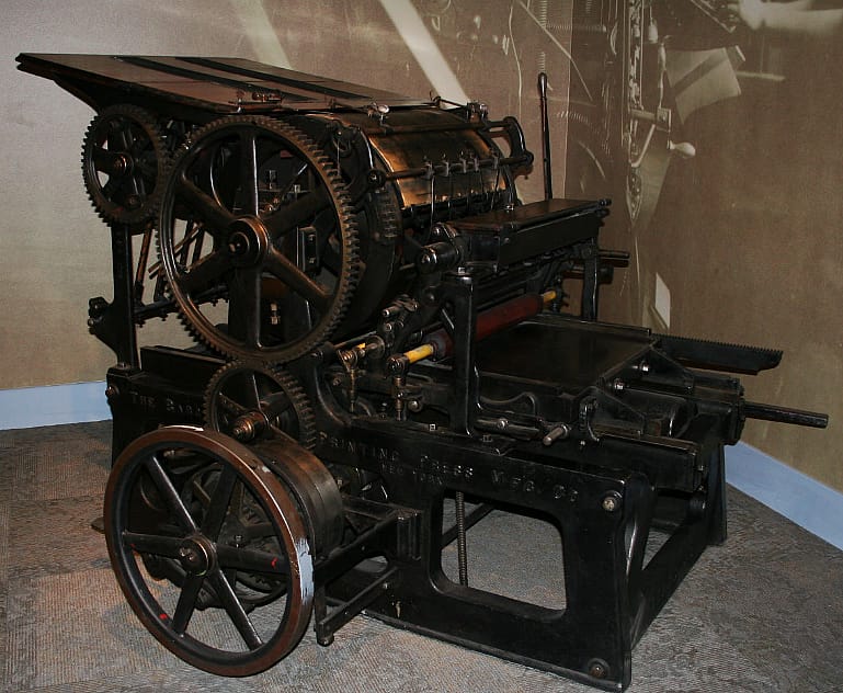 Printing press. Gift of Mr. and Mrs. George Abrahamson. 1.69.1843