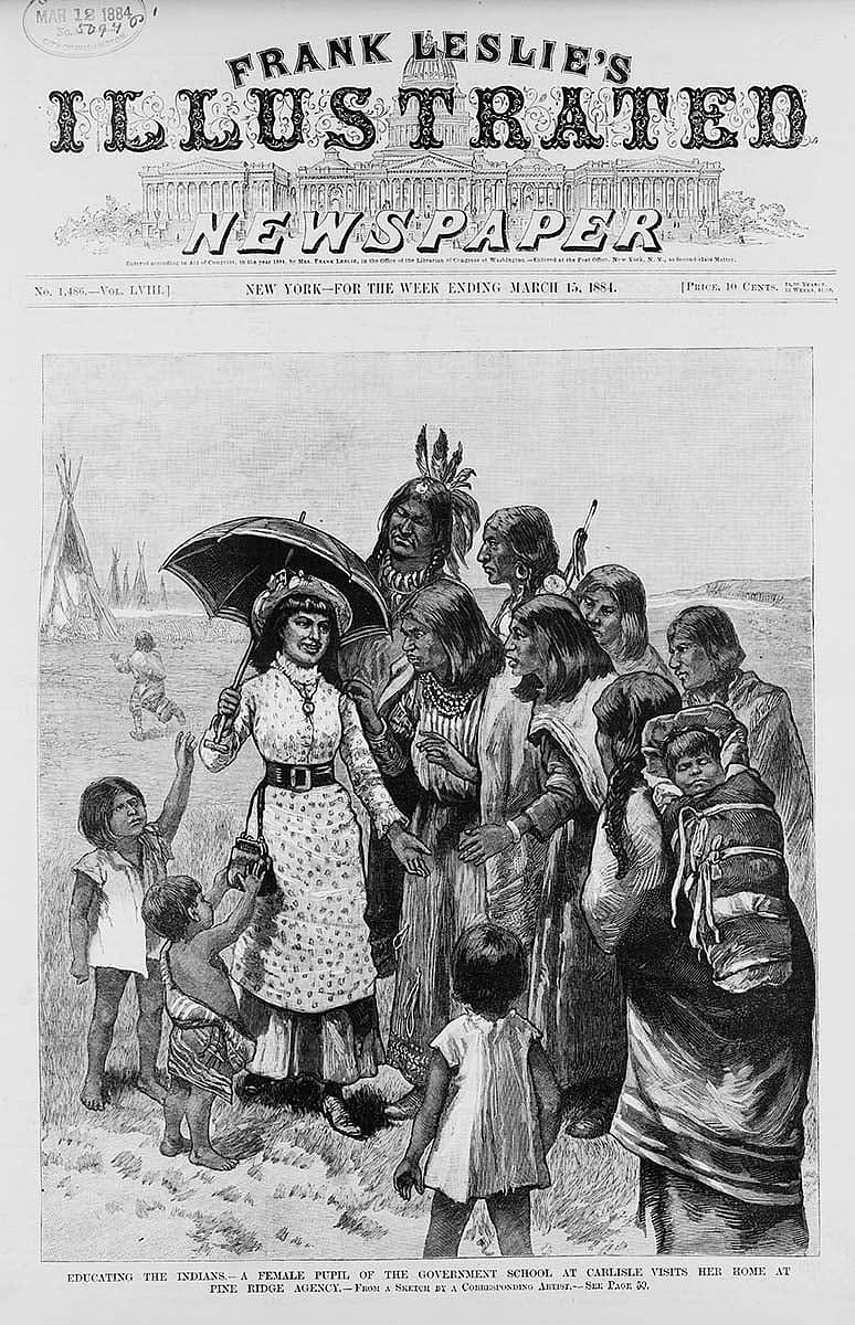 A female student from the Carlisle School visits her home at the Pine Ridge Agency in South Dakota. Sketch by correspondent dated 1884. Library of Congress Prints and Photographs Division, Washington, D.C. 20540. LC-USZ62-100543
