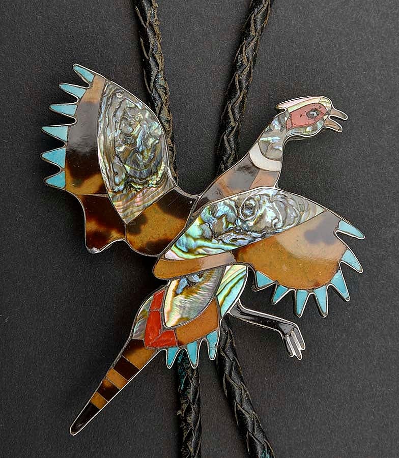 Zuni-style, inlay bolo slide with turquoise, silver, and other elements, date unknown. On loan from Deborah Hofstedt, Santa Clarita, California. L.422.2015.11