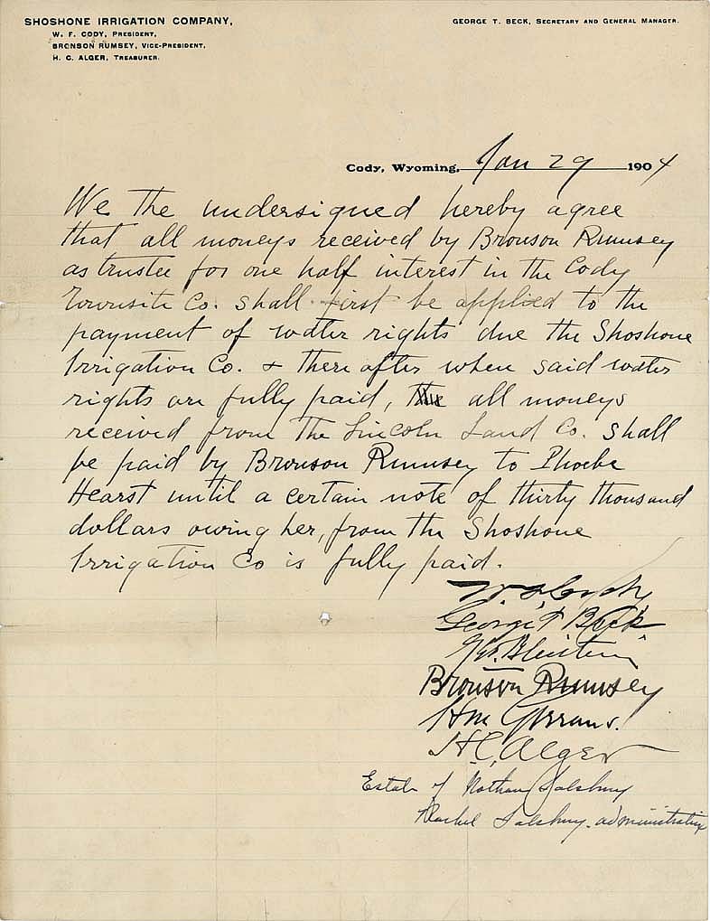 Shoshone Irrigation Company agreement, January 29, 1904. MS 407 Bronson Rumsey Collection, McCracken Research Library. MS407.1.10.01